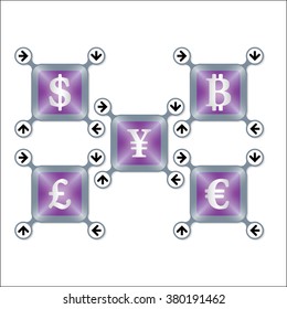 Set of four icons with silver different currencies