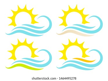 Set Of Four Icons Sun Frame And Waves Abstract Landscapes