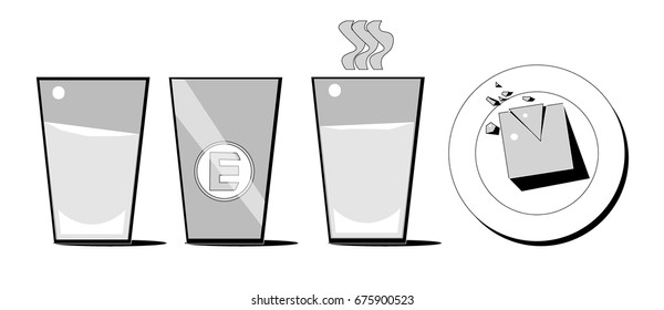 Set of four icons. Three icons are glasses. The first mug is filled with cold liquid. The second glass is empty. The third object is filled with hot liquid. The fourth object is a plate with food.