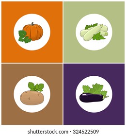 Set of Four Icons of Vegetables, Icon of a Ripe Orange Pumpkin,  Zucchini , Purple Eggplant  with Leaf,  Potatoes ,  Vector Illustration