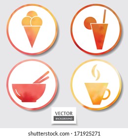 Set of four icons. Web and mobile apps circle watercolor button.  Vector illustration.