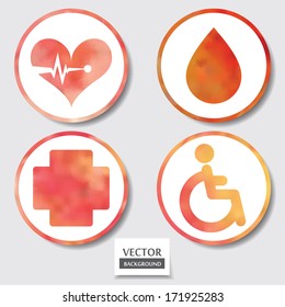 Set of four icons. Web and mobile apps circle watercolor button.  Vector illustration.