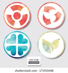 Set of four icons. Web and mobile apps circle watercolor button.  Vector illustration.
