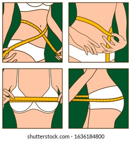 Set of four icons, which are slender women measuring tape chest, waist and hips, square shape isolated on white background