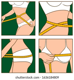 Set of four icons, which slim beautiful woman with tape measure around her chest, waist and hips, square shape isolated on white background