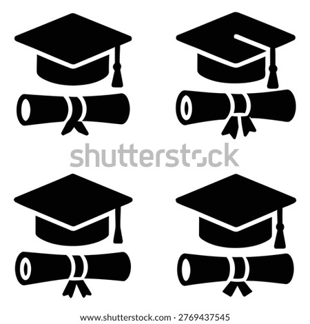 A set of four identical black graduation cap and diploma icons, each featuring a square academic hat with a tassel and a rolled-up diploma with a ribbon tie, isolated on white background