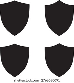 Set of four identical black shield icons arranged in a clean 2x2 grid. Each shield features a classic heraldic shape with a pointed bottom and curved top. Solid black silhouette style, minimalist vector illustrations isolated on transparent background. Perfect for security, protection, safety, defense, gaming, branding, logos, badges, and emblem designs.