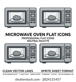 A set of four identical flat icons depicting microwave ovens with a potato inside on a plate, presented in a neutral color palette.