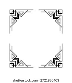 A set of four identical geometric corner designs featuring triangles, lines, and squares in a black and white color scheme, arranged in a symmetrical pattern on a plain background.