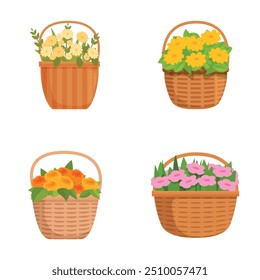 Conjunto de quatro cestos ilustrados preenchidos com várias flores vibrantes, isolados no branco