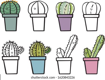 Set of four illustrated cactus and succulent plants