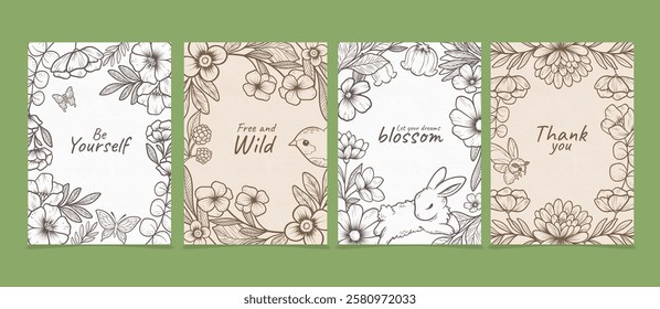 A set of four illustrated cards with floral and animal designs, each featuring a motivational phrase. The cards have a natural, earthy color palette with intricate line art.