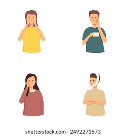 Set of four illustrated characters signaling to be quiet with finger on lips
