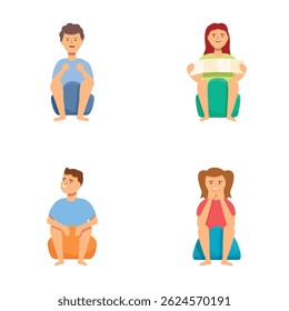 Set of four illustrated characters sitting in various relaxed poses on an isolated background