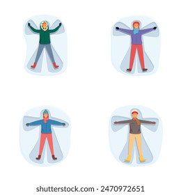 Set of four illustrated characters sporting colorful winter jackets and apparel