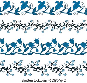 Set of four illustrated decorative borders made of blue flowers and leaves