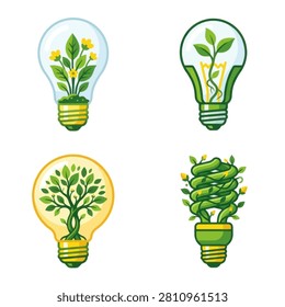 A set of four illustrated lightbulbs containing various green plants and trees symbolizing renewable energy and environmental sustainability.