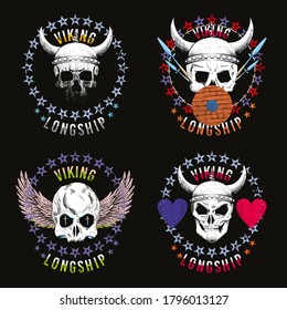 Set of four illustrated skulls. Vector drawings of heads for t-shirts or posters.