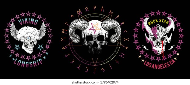 Set of four illustrated skulls. Vector drawings of heads for t-shirts or posters.