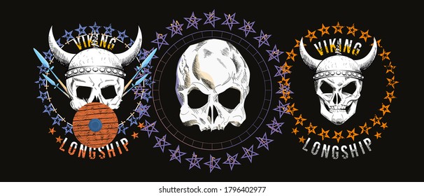 Set of four illustrated skulls. Vector drawings of heads for t-shirts or posters. - Shutterstock ID 1796402977