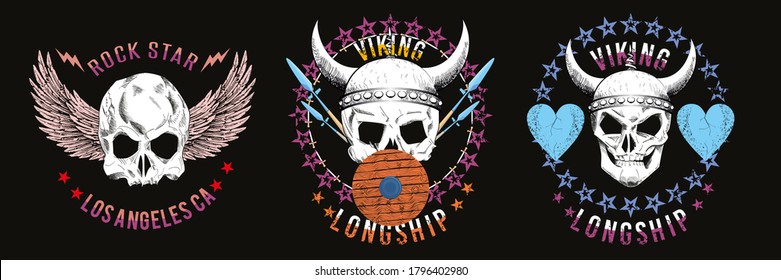 Set of four illustrated skulls. Vector drawings of heads for t-shirts or posters.