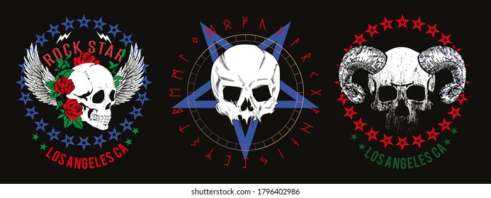 Set of four illustrated skulls. Vector drawings of heads for t-shirts or posters.