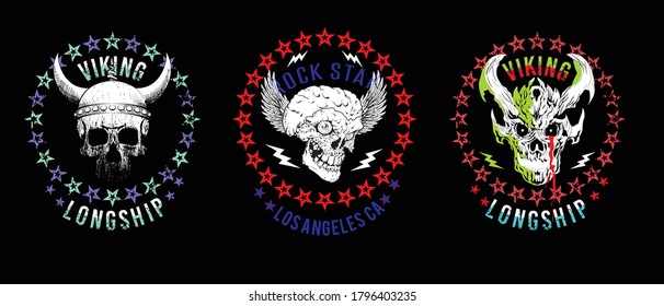 Set of four illustrated skulls. Vector drawings of heads for t-shirts or posters.