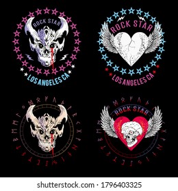 Set of four illustrated skulls. Vector drawings of heads for t-shirts or posters.