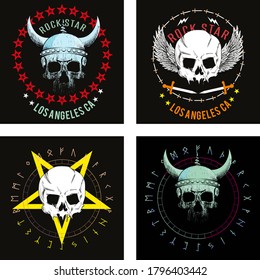 Set of four illustrated skulls. Vector drawings of heads for t-shirts or posters.