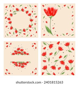 Set of four illustration including seamless pattern with red tulips watercolor effect. Tender tulips, petals, leaves and flower dust particles hand drawn for print, textile, card, poster, invitation