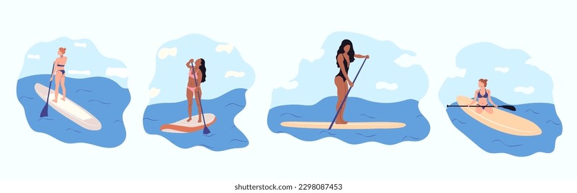 Cuatro ilustraciones Deportes náuticos. Joven en la tabla de sup aislada. Surfistas y otros durante el windsurf, el kitesurf. Ilustraciones gráficas vectoriales planas