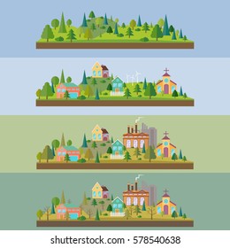 Conjunto de cuatro ilustraciones. Bosque salvaje de estilo plano. Aldea ecológica de estilo plano.Aldea ecológica con planta o fábrica de estilo plano. Contaminación ambiental. Ilustración vectorial.