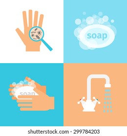 Set of four illustrations about hygiene: soap, water, bacteria, hands