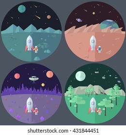 set of four illustrations of the astronaut on different planets