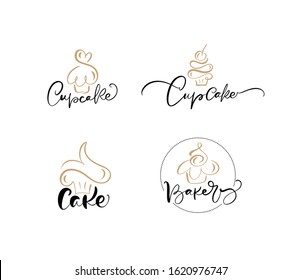 Set of four illustrations of cake vector calligraphic text with logo. Sweet cupcake with cream, vintage dessert emblem template design element. Candy bar birthday or wedding invitation.