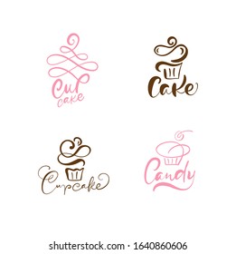 Set of four illustrations of cake vector calligraphic text with logo. Sweet cupcake with cream, vintage dessert emblem template design element. Candy bar birthday or wedding invitation.
