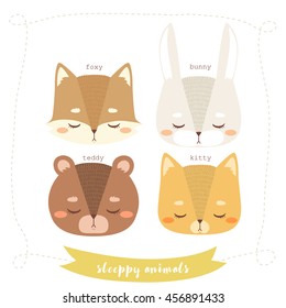 set of four illustrations with cute cartoon fox, bunny, bear and kitty on white background. sleepy animals set. can be used for greeting cards or birthday invitations