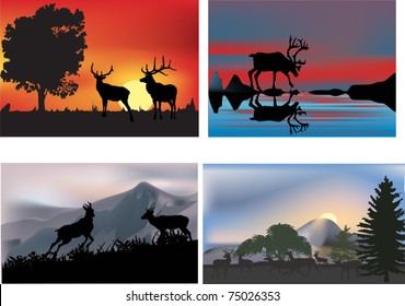 set of four illustrations with deers at sunset