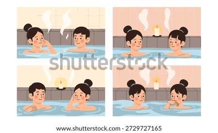 Set of four illustrations depicting a couple relaxing and talking in a traditional hot spring bath with candles and steam.