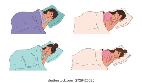 Set of four illustrations depicting different women sleeping peacefully in their beds with cozy blankets and soft pillows in a flat design.