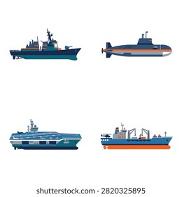 A set of four illustrations depicting different types of naval ships including a destroyer, a submarine, an aircraft carrier, and a cargo ship.