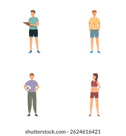 Conjunto de quatro ilustrações representando indivíduos que desfrutam de diferentes hobbies e esportes