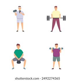 Conjunto de cuatro ilustraciones que representan a hombres que participan en diferentes actividades de entrenamiento de fuerza