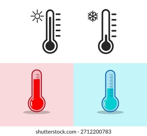 Un conjunto de cuatro ilustraciones que representan la temperatura. La fila superior muestra el arte de la línea negra de frío y calor usando símbolos de sol y copo de nieve. La fila inferior utiliza colores rojo y azul.