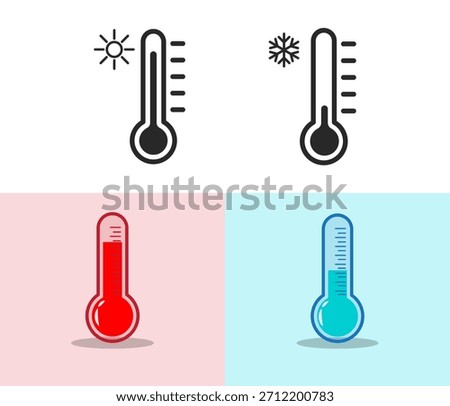 A set of four illustrations depicting temperature. The top row shows black line art of hot and cold using sun and snowflake symbols. The bottom row uses red and blue colors.