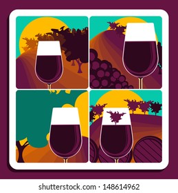 Set of four illustrations depicting viticulture and wine with a glass of red wine over a different vineyard scene with the addition of harvested grapes, a wine barrel and the final vintage