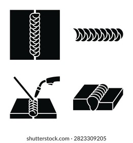 Set of four illustrations depicting welding seams and the welding process in a clean graphic style