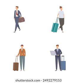 Set of four illustrations featuring business professionals with luggage, showcasing travel and work