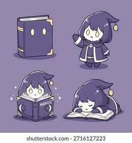 Um conjunto de quatro ilustrações com um bonito personagem chibi assistente interagindo com livros.