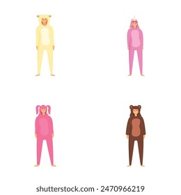 Set of four illustrations featuring individuals in colorful animal onesies